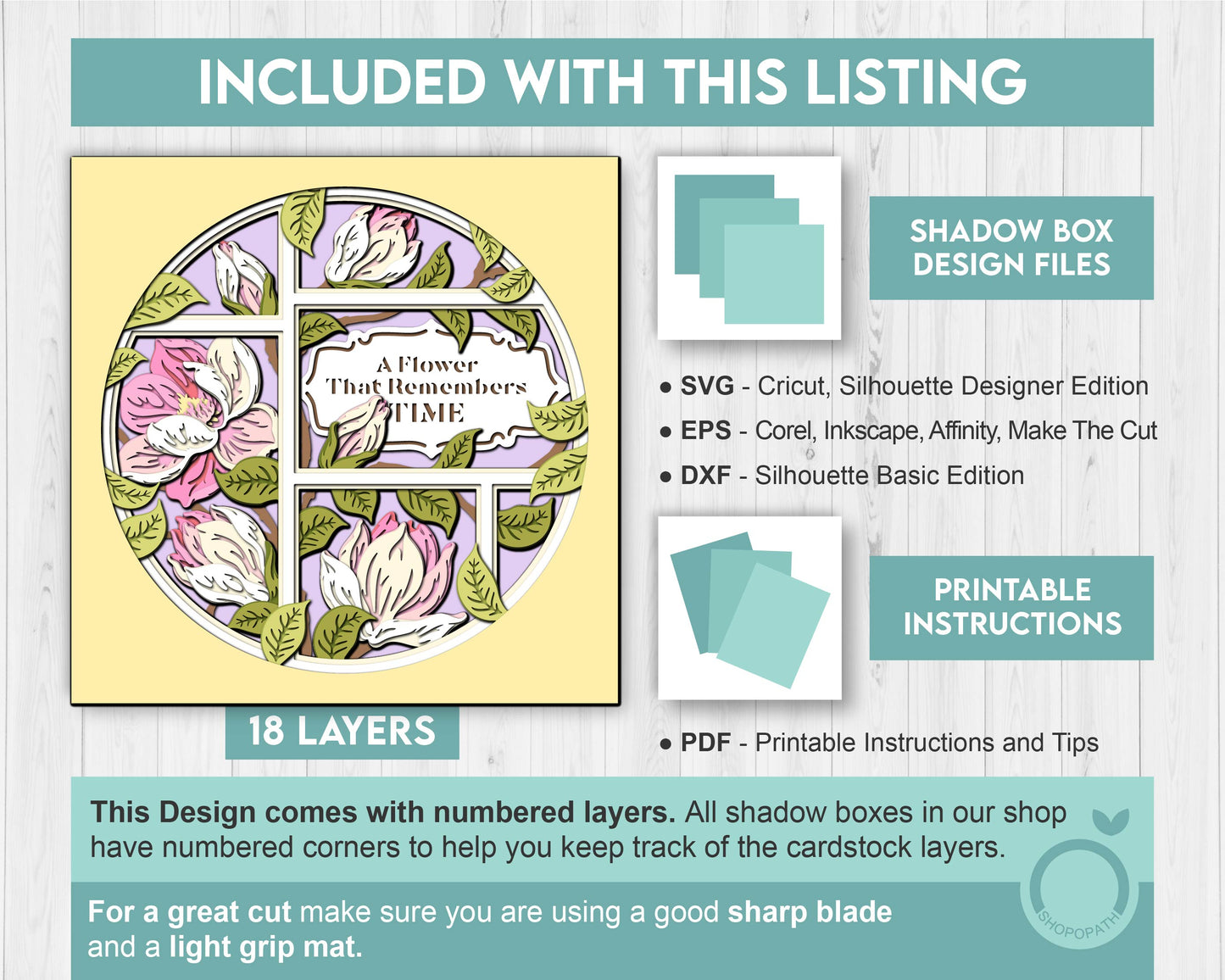 Magnolia Flowers Branches with Label - 3D Shadow Box Layered SVG DXF EPS (Cutting Files)
