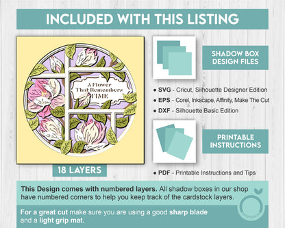 Magnolia Flowers Branches with Label - 3D Shadow Box Layered SVG DXF EPS (Cutting Files)