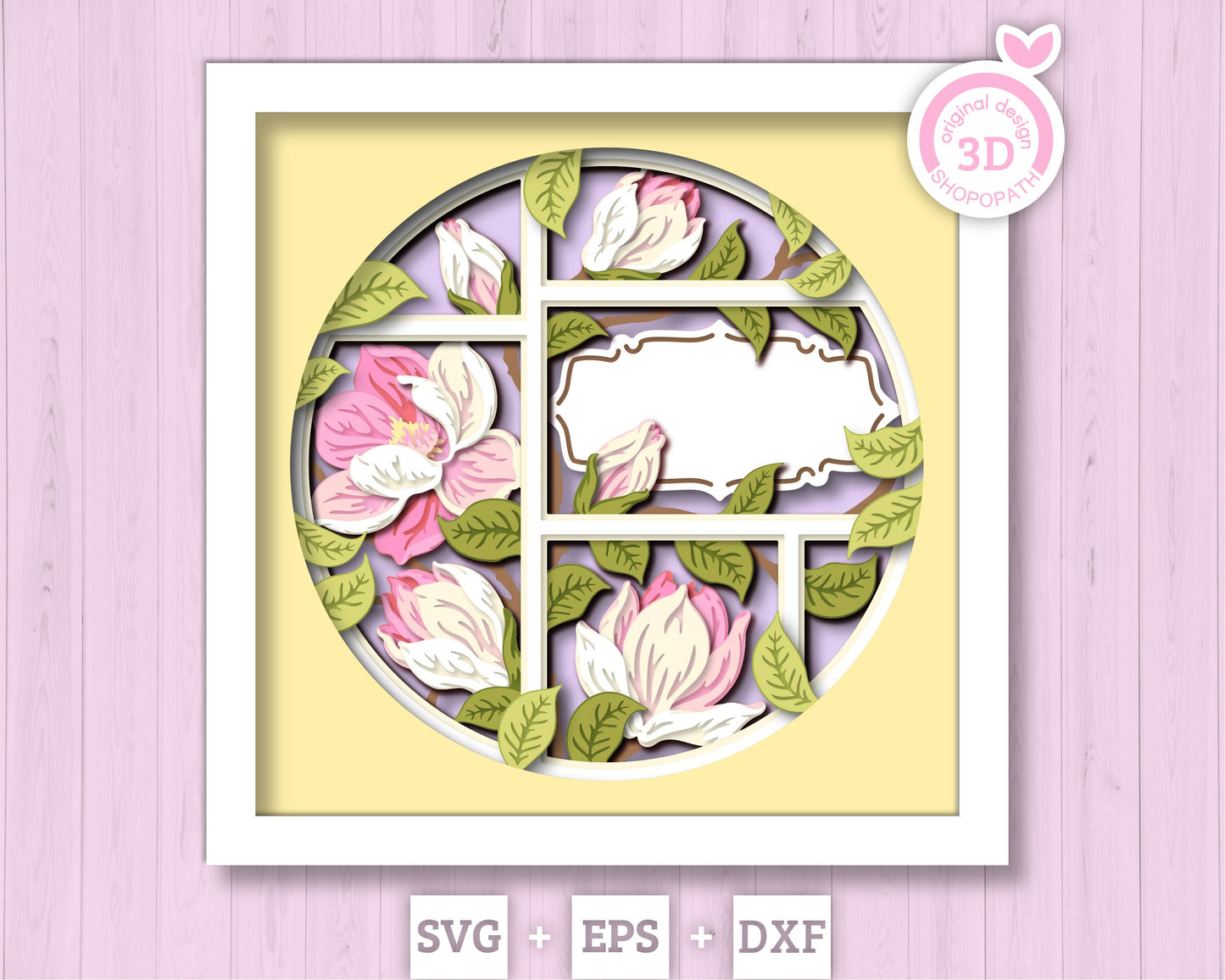 Magnolia Flowers Branches with Label - 3D Shadow Box Layered SVG DXF EPS (Cutting Files)