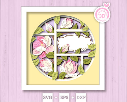 Magnolia Flowers Branches with Label - 3D Shadow Box Layered SVG DXF EPS (Cutting Files)