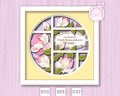 Magnolia Flowers Branches with Label - 3D Shadow Box Layered SVG DXF EPS (Cutting Files)