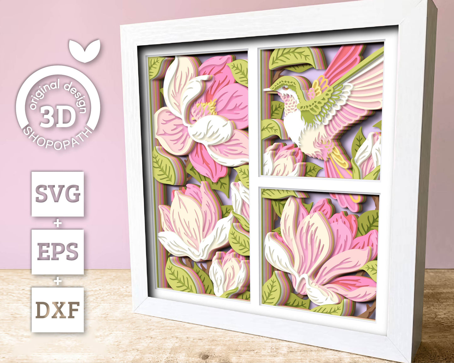 Hummingbird with Magnolia Flowers Panels - 3D Shadow Box Layered SVG DXF EPS (Cutting Files)