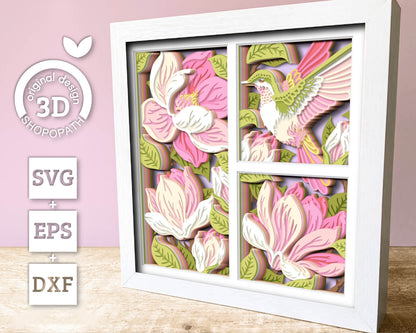 Hummingbird with Magnolia Flowers Panels - 3D Shadow Box Layered SVG DXF EPS (Cutting Files)