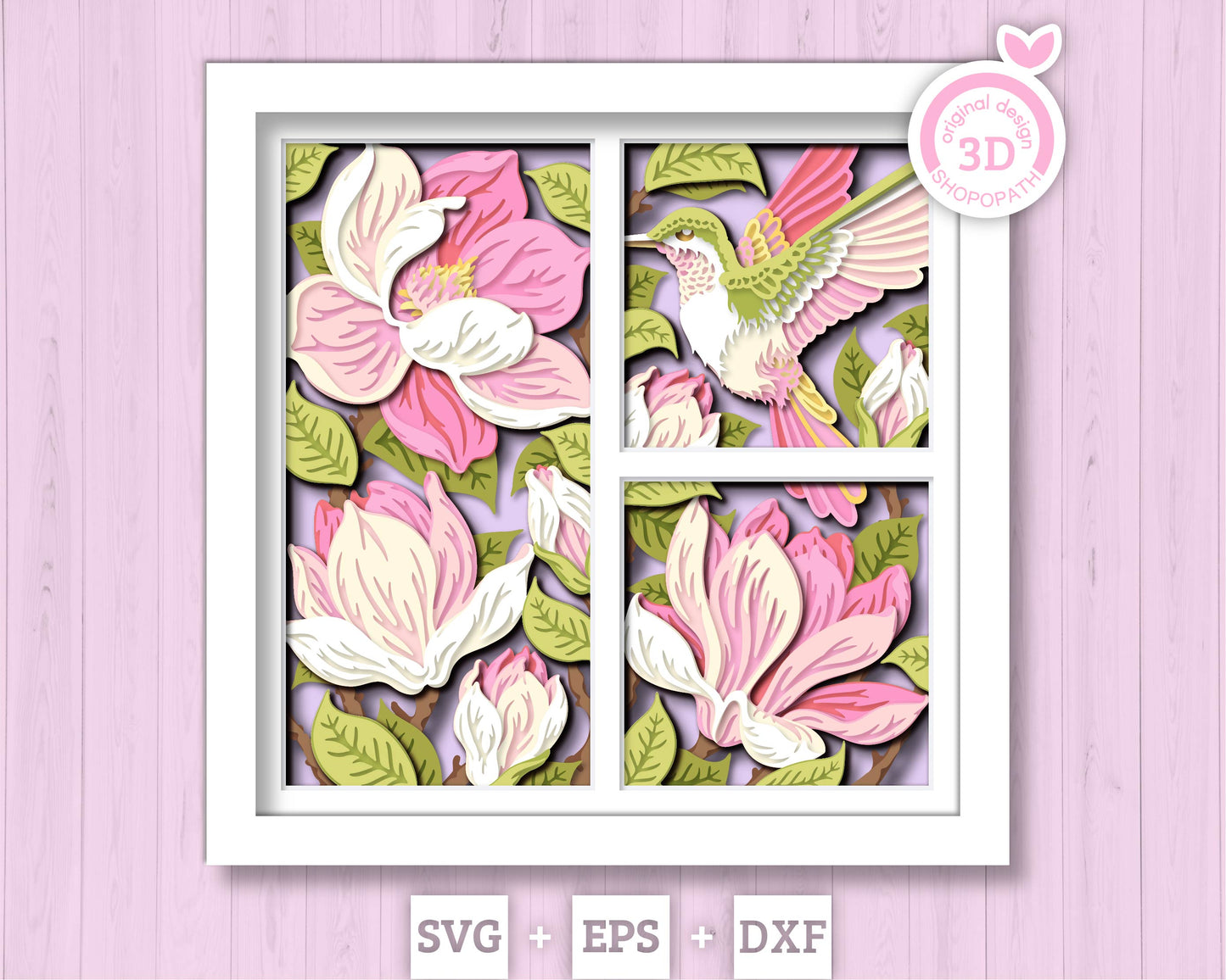 Hummingbird with Magnolia Flowers Panels - 3D Shadow Box Layered SVG DXF EPS (Cutting Files)