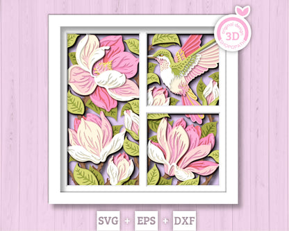 Hummingbird with Magnolia Flowers Panels - 3D Shadow Box Layered SVG DXF EPS (Cutting Files)