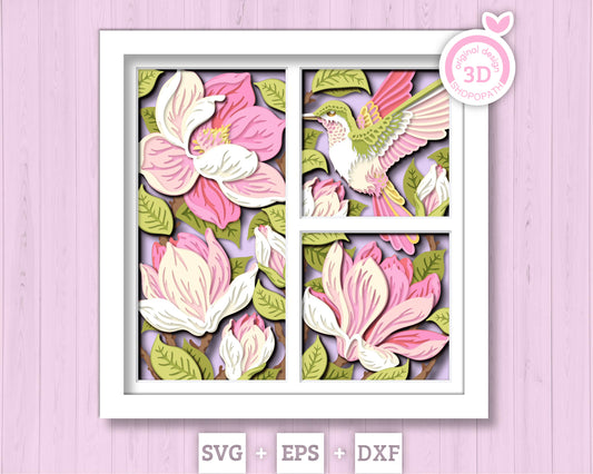 Hummingbird with Magnolia Flowers Panels - 3D Shadow Box Layered SVG DXF EPS (Cutting Files)