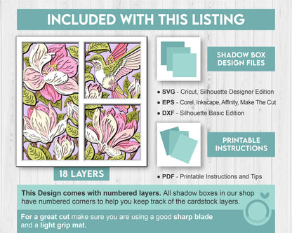 Hummingbird with Magnolia Flowers Panels - 3D Shadow Box Layered SVG DXF EPS (Cutting Files)