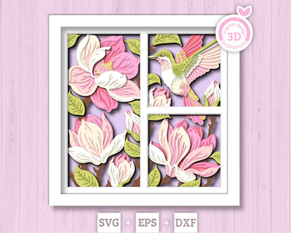Hummingbird with Magnolia Flowers Panels - 3D Shadow Box Layered SVG DXF EPS (Cutting Files)