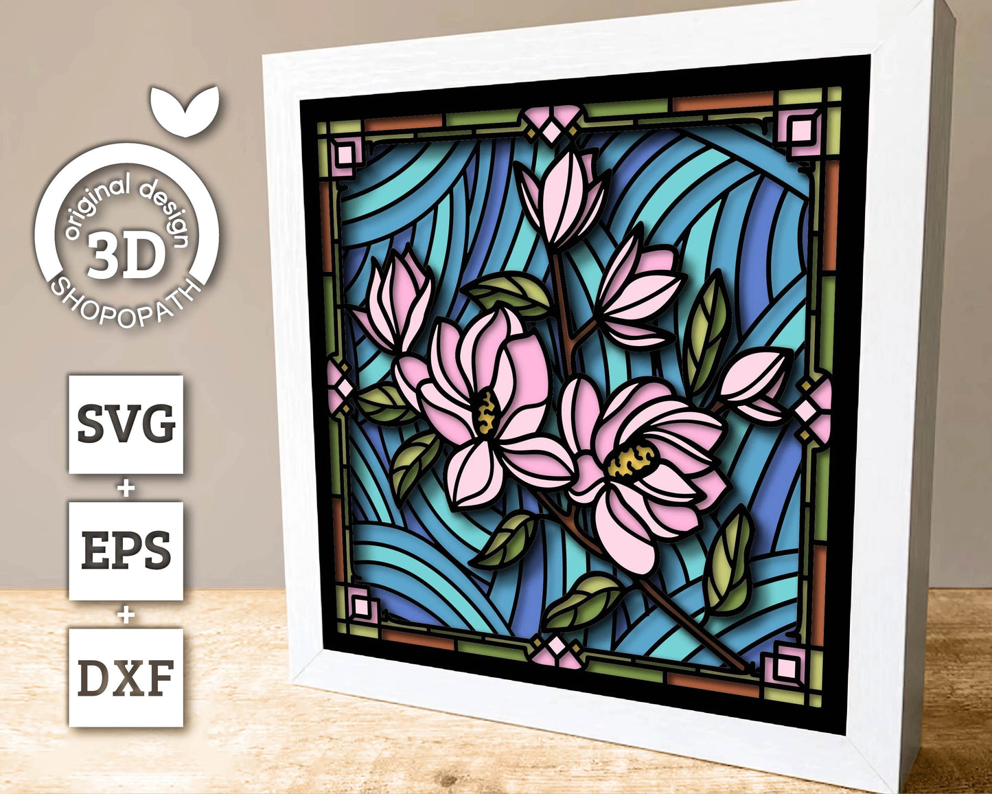 3D SVG Stained Glass Magnolia Flowers Shadow Box, 3D Flowers svg, 3D Floral Stained Glass Papercut, Shadow Box svg, Cricut Silhouette
