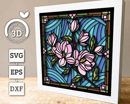 3D SVG Stained Glass Magnolia Flowers Shadow Box, 3D Flowers svg, 3D Floral Stained Glass Papercut, Shadow Box svg, Cricut Silhouette
