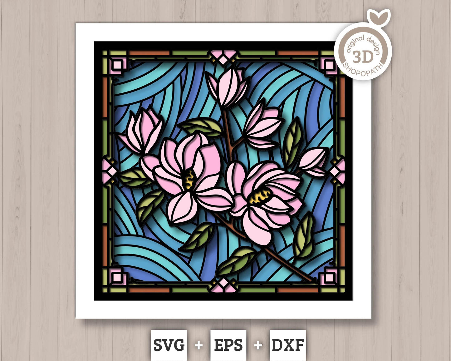 3D SVG Stained Glass Magnolia Flowers Shadow Box, 3D Flowers svg, 3D Floral Stained Glass Papercut, Shadow Box svg, Cricut Silhouette