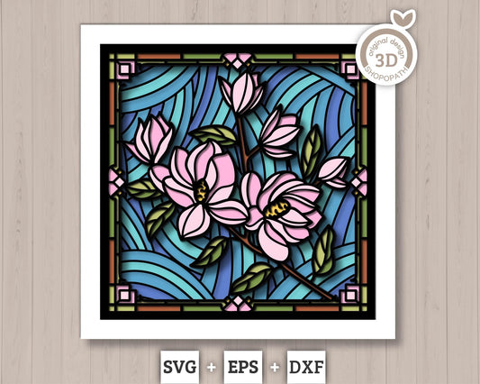 3D SVG Stained Glass Magnolia Flowers Shadow Box, 3D Flowers svg, 3D Floral Stained Glass Papercut, Shadow Box svg, Cricut Silhouette