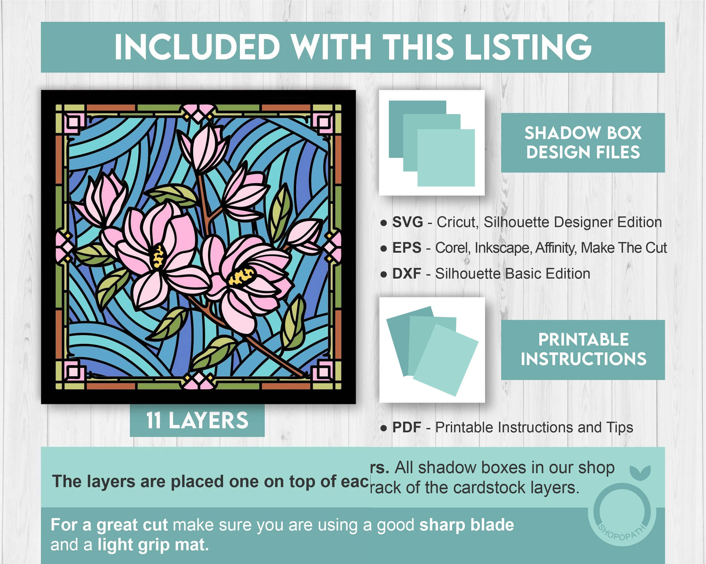 3D SVG Stained Glass Magnolia Flowers Shadow Box, 3D Flowers svg, 3D Floral Stained Glass Papercut, Shadow Box svg, Cricut Silhouette