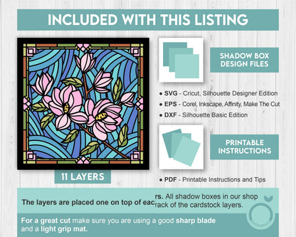 3D SVG Stained Glass Magnolia Flowers Shadow Box, 3D Flowers svg, 3D Floral Stained Glass Papercut, Shadow Box svg, Cricut Silhouette