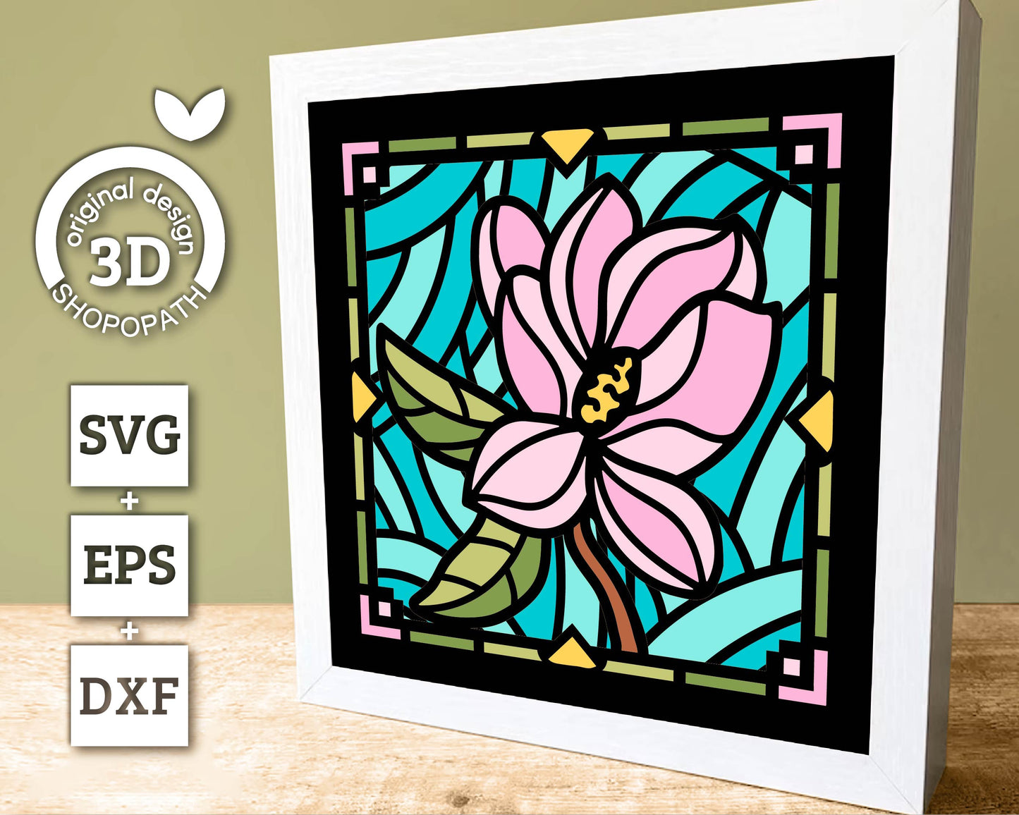 3D SVG Magnolia Mini Stained Glass Shadow Box, Magnolia 3d svg, 3D Flowers svg, 3D SVG Stained Glass, Shadow Box svg, Cricut Silhouette
