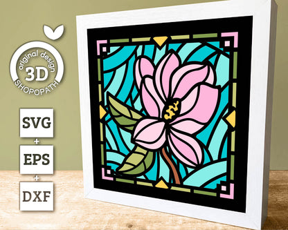 3D SVG Magnolia Mini Stained Glass Shadow Box, Magnolia 3d svg, 3D Flowers svg, 3D SVG Stained Glass, Shadow Box svg, Cricut Silhouette