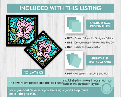 3D SVG Magnolia Mini Stained Glass Shadow Box, Magnolia 3d svg, 3D Flowers svg, 3D SVG Stained Glass, Shadow Box svg, Cricut Silhouette