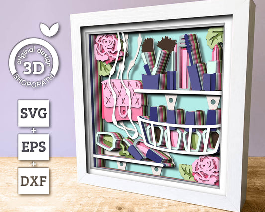 Makeup Kit with Roses - 3D Shadow Box Layered SVG DXF EPS (Cutting Files)