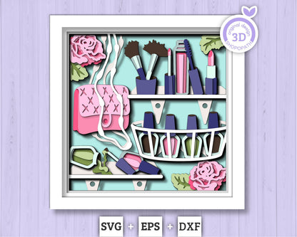 Makeup Kit with Roses - 3D Shadow Box Layered SVG DXF EPS (Cutting Files)