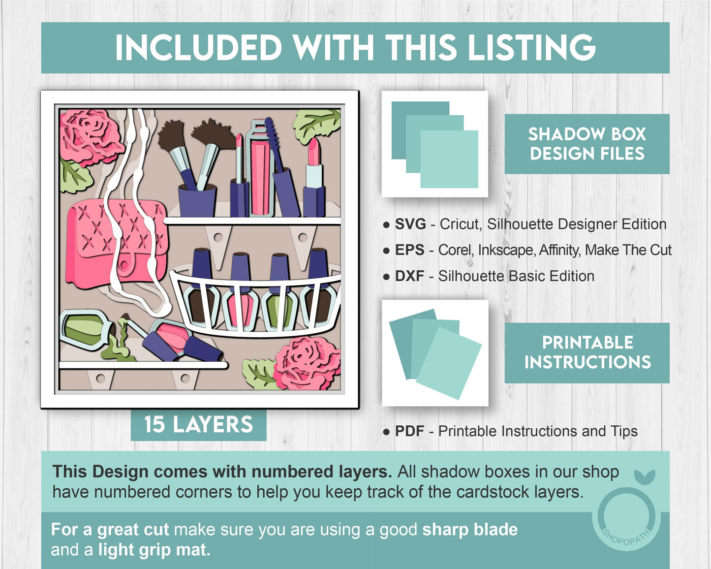 Makeup Kit with Roses - 3D Shadow Box Layered SVG DXF EPS (Cutting Files)