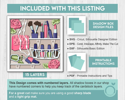 Makeup Kit with Roses - 3D Shadow Box Layered SVG DXF EPS (Cutting Files)