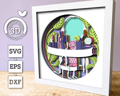 Vanity Mirror with Makeup Tools - 3D Shadow Box Layered SVG DXF EPS (Cutting Files)