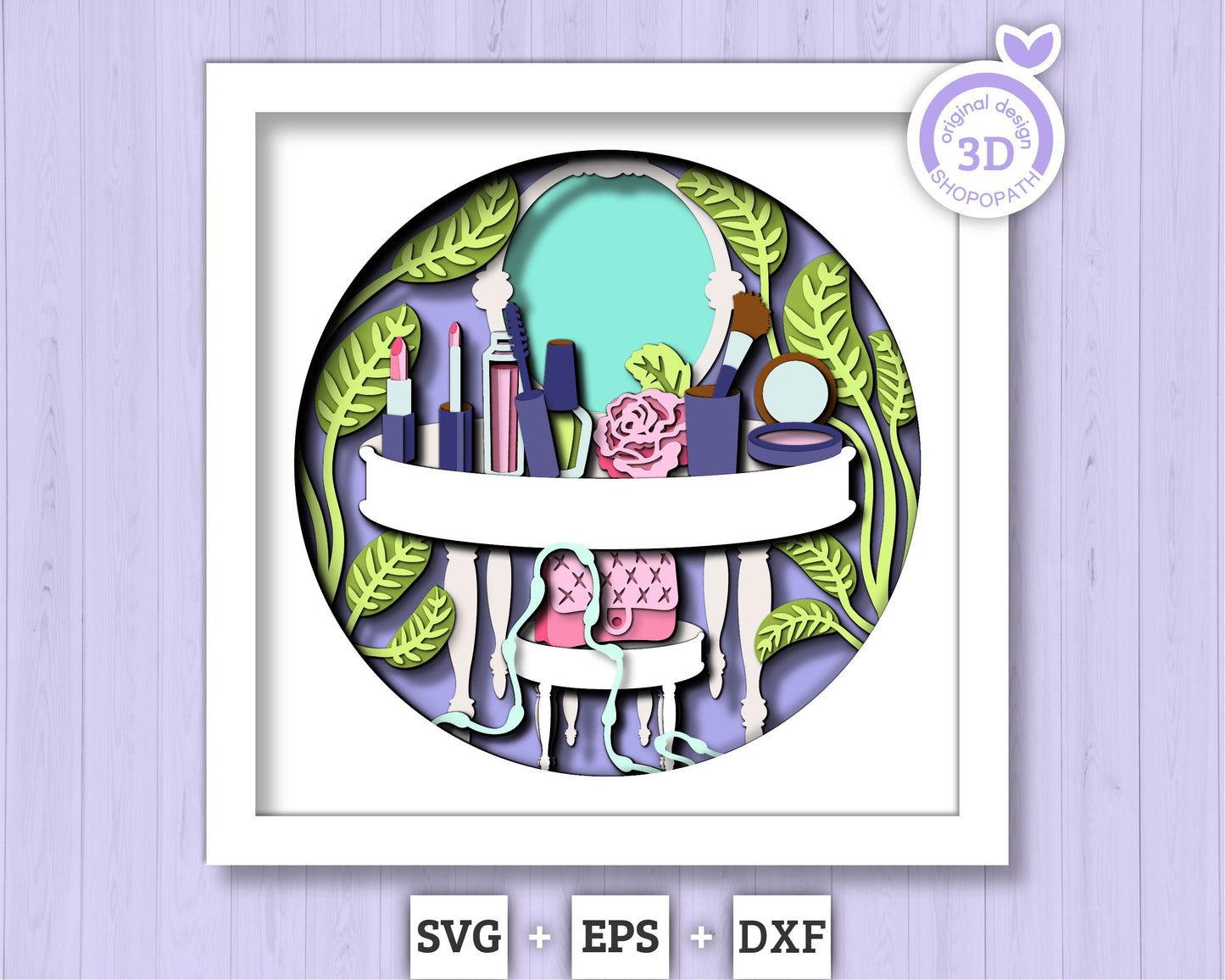Vanity Mirror with Makeup Tools - 3D Shadow Box Layered SVG DXF EPS (Cutting Files)