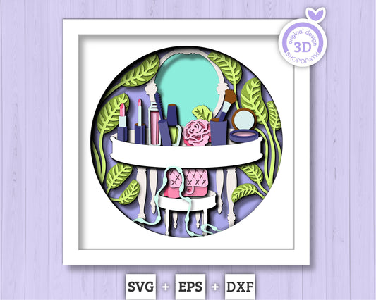 Vanity Mirror with Makeup Tools - 3D Shadow Box Layered SVG DXF EPS (Cutting Files)