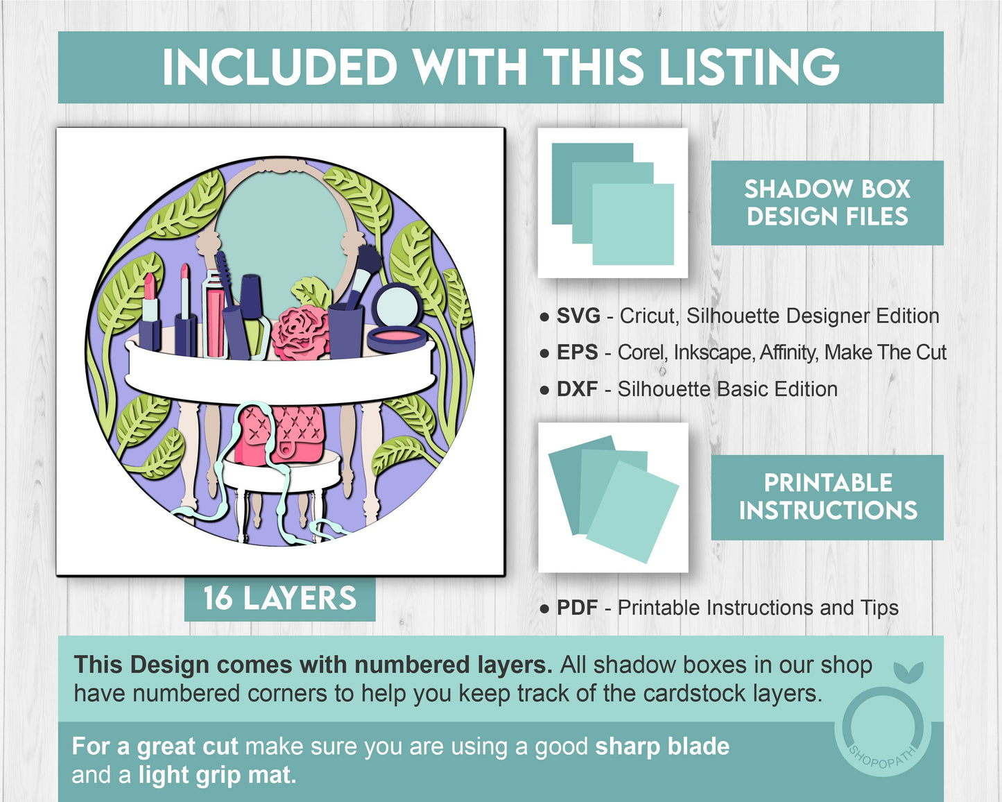 Vanity Mirror with Makeup Tools - 3D Shadow Box Layered SVG DXF EPS (Cutting Files)