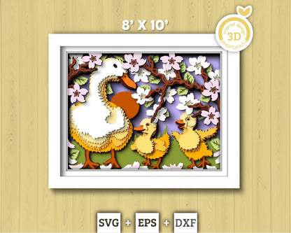 Mother Duck with Ducklings 8x10 inch - 3D Shadow Box Layered SVG DXF EPS (Cutting Files)