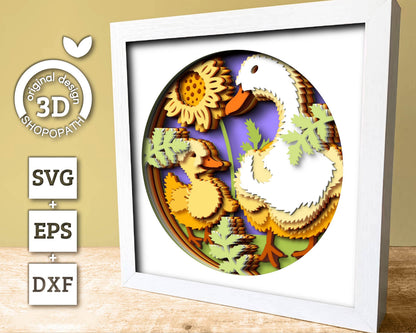 Mother Duck with Duckling Round - 3D Shadow Box Layered SVG DXF EPS (Cutting Files)