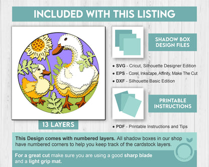 Mother Duck with Duckling Round - 3D Shadow Box Layered SVG DXF EPS (Cutting Files)