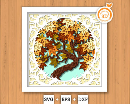 3D SVG Maple Tree Lace Frame Shadow Box, 3D Fall SVG, Maple Leaves 3d svg, Mapple Fall Leaf 3d Svg, Maple Tree 3d SVG, Cricut Silhouette