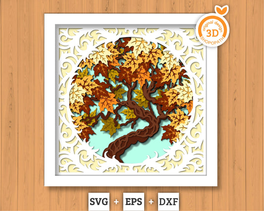 3D SVG Maple Tree Lace Frame Shadow Box, 3D Fall SVG, Maple Leaves 3d svg, Mapple Fall Leaf 3d Svg, Maple Tree 3d SVG, Cricut Silhouette