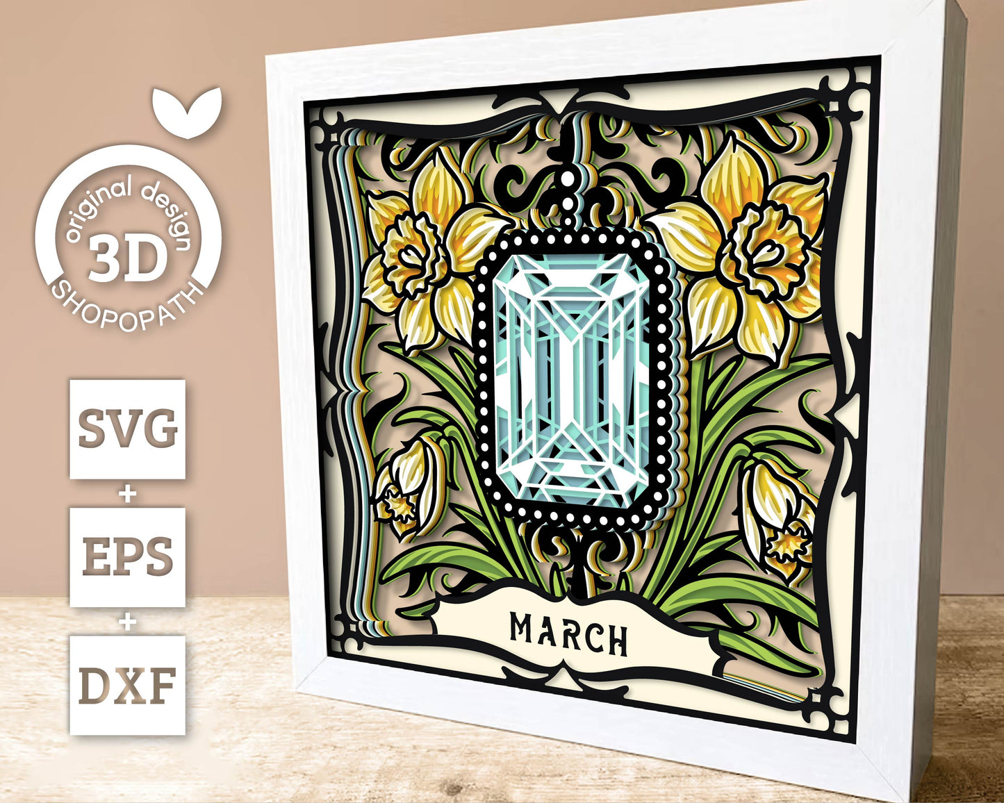 March Shadow Box 3D SVG Birth Month Aquamarine Gemstone with Daffodil Flowers, Tattoo Style, Cricut Silhouette With DXF Cutting Files