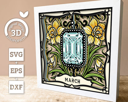 March Shadow Box 3D SVG Birth Month Aquamarine Gemstone with Daffodil Flowers, Tattoo Style, Cricut Silhouette With DXF Cutting Files