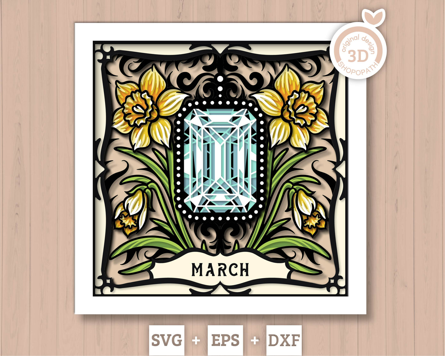 March Shadow Box 3D SVG Birth Month Aquamarine Gemstone with Daffodil Flowers, Tattoo Style, Cricut Silhouette With DXF Cutting Files