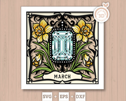 March Shadow Box 3D SVG Birth Month Aquamarine Gemstone with Daffodil Flowers, Tattoo Style, Cricut Silhouette With DXF Cutting Files