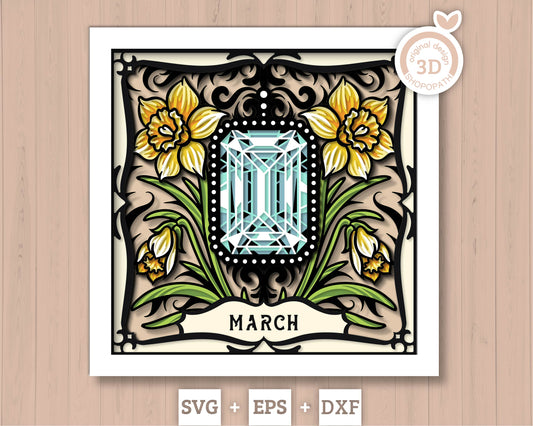 March Shadow Box 3D SVG Birth Month Aquamarine Gemstone with Daffodil Flowers, Tattoo Style, Cricut Silhouette With DXF Cutting Files