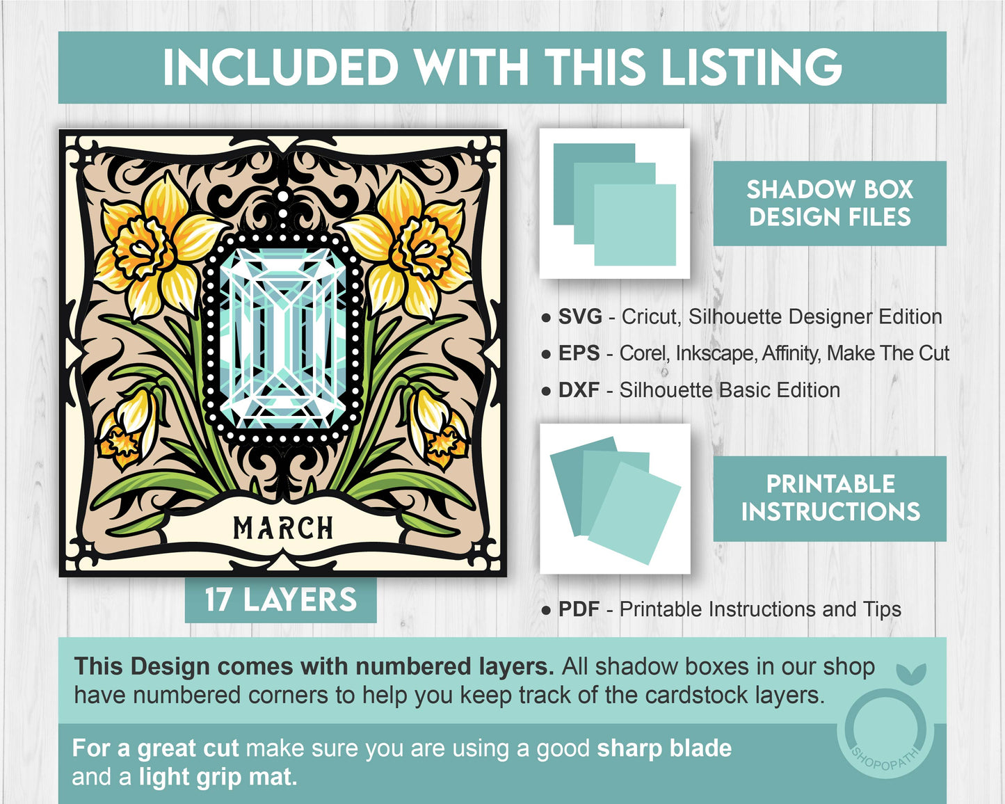 March Shadow Box 3D SVG Birth Month Aquamarine Gemstone with Daffodil Flowers, Tattoo Style, Cricut Silhouette With DXF Cutting Files