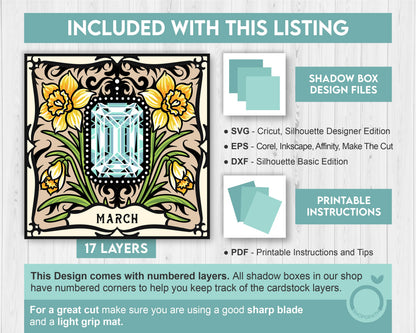 March Shadow Box 3D SVG Birth Month Aquamarine Gemstone with Daffodil Flowers, Tattoo Style, Cricut Silhouette With DXF Cutting Files