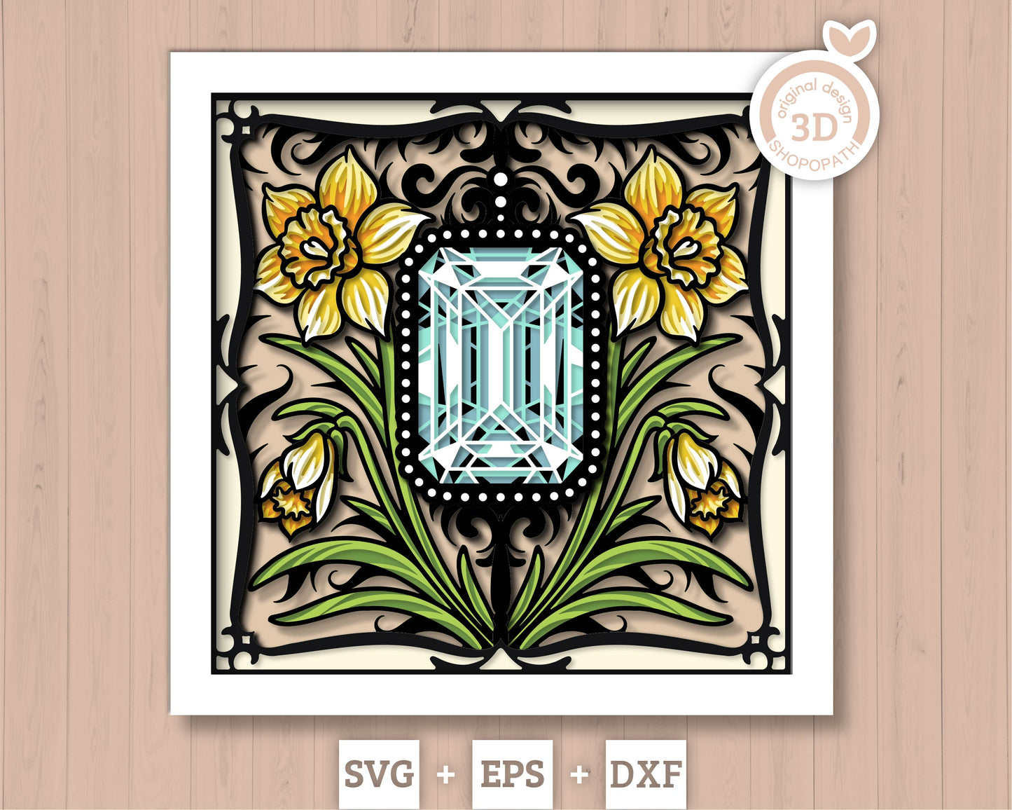 March Shadow Box 3D SVG Birth Month Aquamarine Gemstone with Daffodil Flowers, Tattoo Style, Cricut Silhouette With DXF Cutting Files