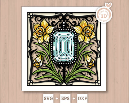 March Shadow Box 3D SVG Birth Month Aquamarine Gemstone with Daffodil Flowers, Tattoo Style, Cricut Silhouette With DXF Cutting Files