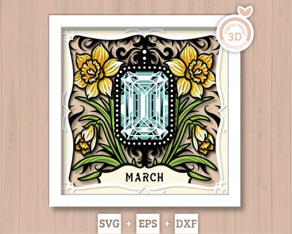 March Shadow Box 3D SVG Birth Month Aquamarine Gemstone with Daffodil Flowers, Tattoo Style, Cricut Silhouette With DXF Cutting Files