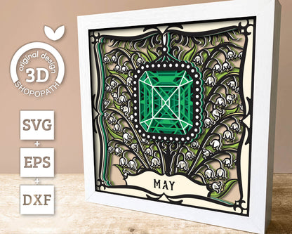 May Shadow Box 3D SVG Birth Month Emerald Gemstone with Lily Of The Valley Flowers, Tattoo Style, Cricut Silhouette With DXF Cutting Files