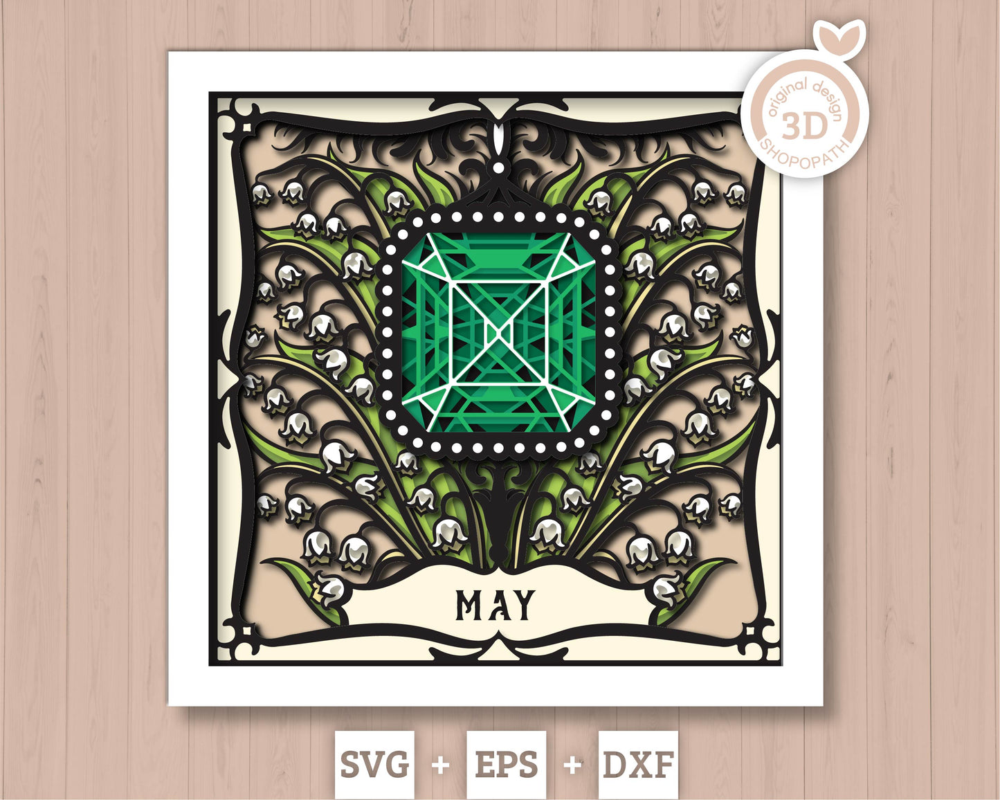 May Shadow Box 3D SVG Birth Month Emerald Gemstone with Lily Of The Valley Flowers, Tattoo Style, Cricut Silhouette With DXF Cutting Files