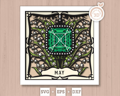 May Shadow Box 3D SVG Birth Month Emerald Gemstone with Lily Of The Valley Flowers, Tattoo Style, Cricut Silhouette With DXF Cutting Files