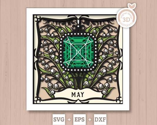 May Shadow Box 3D SVG Birth Month Emerald Gemstone with Lily Of The Valley Flowers, Tattoo Style, Cricut Silhouette With DXF Cutting Files