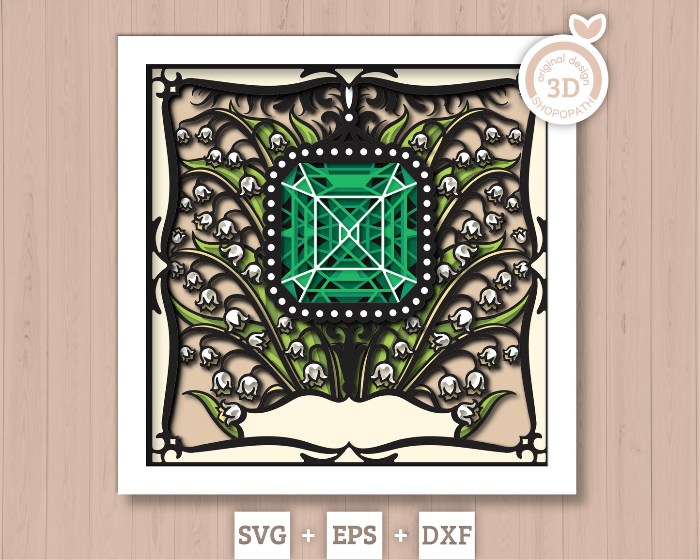 May Shadow Box 3D SVG Birth Month Emerald Gemstone with Lily Of The Valley Flowers, Tattoo Style, Cricut Silhouette With DXF Cutting Files