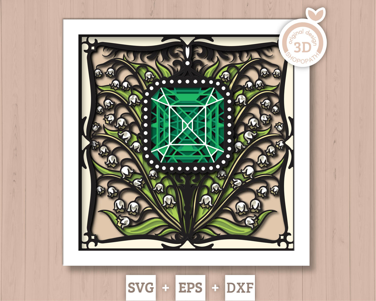 May Shadow Box 3D SVG Birth Month Emerald Gemstone with Lily Of The Valley Flowers, Tattoo Style, Cricut Silhouette With DXF Cutting Files